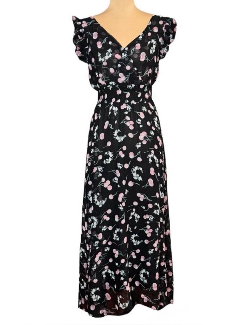 VTG Flowy Cherry Print Midi Dress Sz S Black Silk Chiffon Ruffle Sleeve Romantic